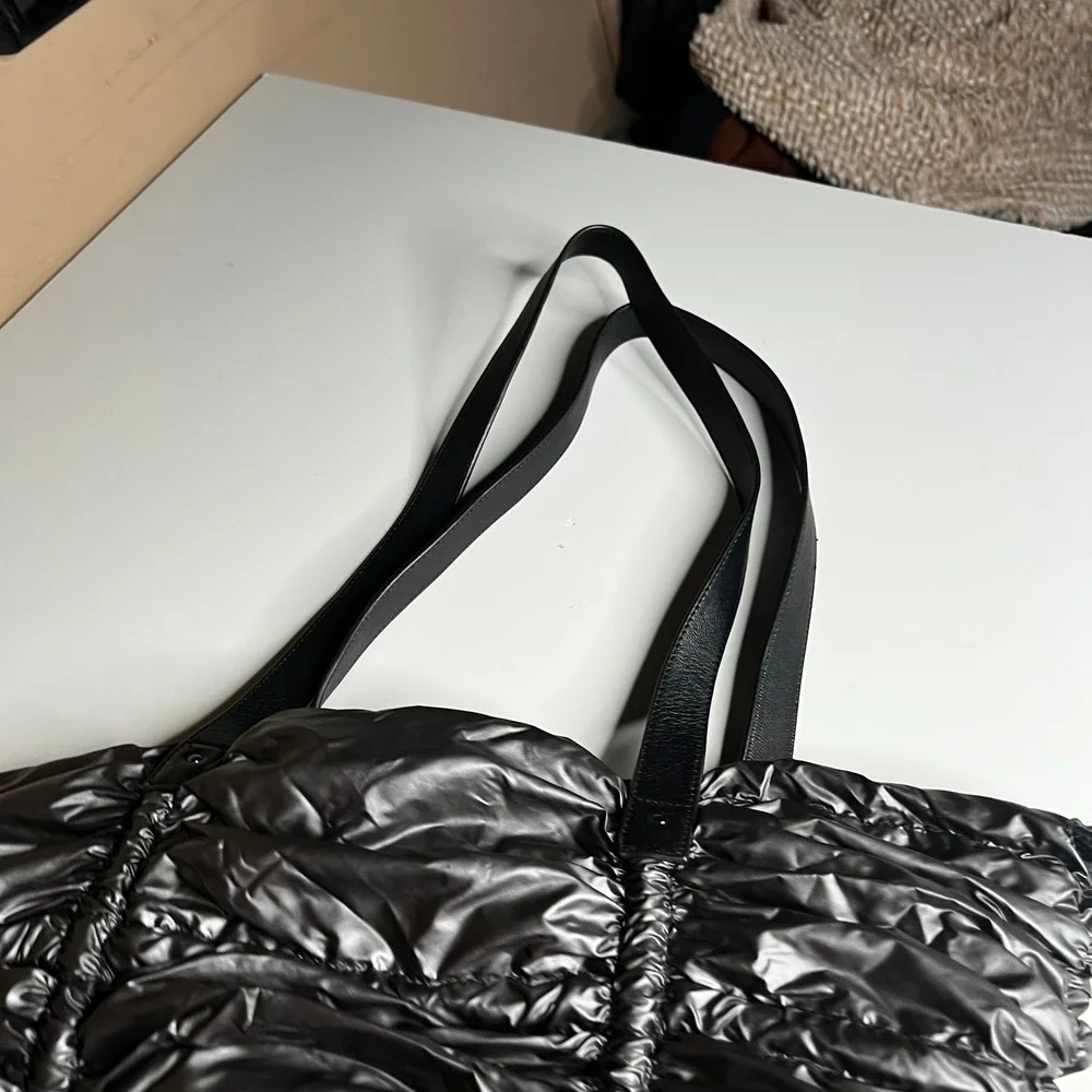 L.A.M.B. Gwen Stefani Metallic Ruched Puffer Tote Bag Houndstooth Lining